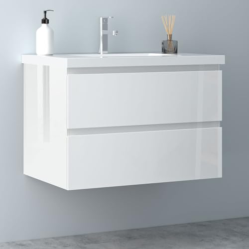 Biubiubath Badezimmermöbel 80cm Mineralguss Waschtisch mit Unterschrank Badmöbel Set Badezimmerschränke mit 2 Soft-Close Schubladen Hochglanz Weiß von Biubiubath