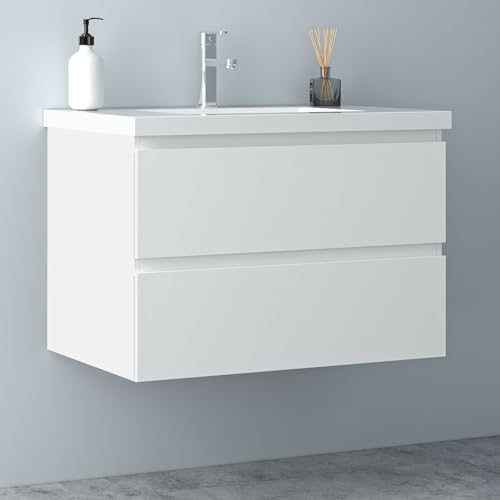 Biubiubath Badezimmermöbel 80cm Mineralguss Waschtisch mit Unterschrank Badmöbel Set Badezimmerschränke mit 2 Soft-Close Schubladen Weiß Matt von Biubiubath