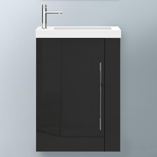 Biubiubath Badezimmerschränke 45cm Mineralguss Waschtisch mit Unterschrank Hängeschrank Hochglanz Schwarz Badschrank mit 1 Soft-Close Türen von Biubiubath