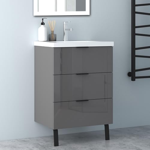 Biubiubath Badmöbel Set Hochglanz Dunkelgrau 60cm Dickes Keramik Waschtisch mit Unterschrank Badezimmerschränke mit 3 Soft-Close Schubladen und 2 Füßen Hängeschrank Biubiubath Badmöbel Set Hochglanz Dunkelgrau 60cm Dickes Keramik Waschtisch mit Unterschrank Badezimmerschränke mit 3 Soft-Close Schubladen und 2 Füßen Hängeschrank von Biubiubath
