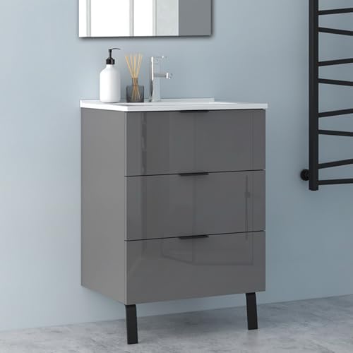 Biubiubath Badmöbel Set Hochglanz Dunkelgrau 60cm Dünn Keramik Waschtisch mit Unterschrank Badezimmerschränke mit 3 Soft-Close Schubladen und 2 Füßen Hängeschrank Biubiubath Badmöbel Set Hochglanz Dunkelgrau 60cm Dünn Keramik Waschtisch mit Unterschrank Badezimmerschränke mit 3 Soft-Close Schubladen und 2 Füßen Hängeschrank von Biubiubath