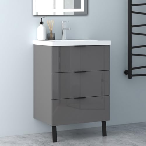 Biubiubath Badmöbel Set Hochglanz Dunkelgrau 60cm Mineralguss Waschtisch mit Unterschrank Badezimmerschränke mit 3 Soft-Close Schubladen und 2 Füßen Hängeschrank Biubiubath Badmöbel Set Hochglanz Dunkelgrau 60cm Mineralguss Waschtisch mit Unterschrank Badezimmerschränke mit 3 Soft-Close Schubladen und 2 Füßen Hängeschrank von Biubiubath