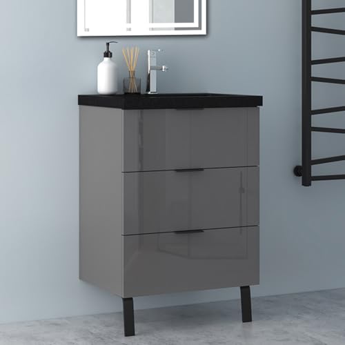 Biubiubath Badmöbel Set Hochglanz Dunkelgrau 60cm Schwarz Mineralguss Waschtisch mit Unterschrank Badezimmerschränke mit 3 Soft-Close Schubladen und 2 Füßen Hängeschrank Biubiubath Badmöbel Set Hochglanz Dunkelgrau 60cm Schwarz Mineralguss Waschtisch mit Unterschrank Badezimmerschränke mit 3 Soft-Close Schubladen und 2 Füßen Hängeschrank von Biubiubath