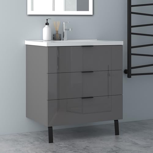 Biubiubath Badmöbel Set Hochglanz Dunkelgrau 80cm Keramik Waschbecken mit Unterschrank Badezimmerschränke mit 3 Soft-Close Schubladen und 2 Füßen Hängeschrank Biubiubath Badmöbel Set Hochglanz Dunkelgrau 80cm Keramik Waschbecken mit Unterschrank Badezimmerschränke mit 3 Soft-Close Schubladen und 2 Füßen Hängeschrank von Biubiubath