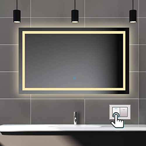 Biubiubath Badspiegel mit Beleuchtung,100x70cm LED Wandspiegel mit Wandschalter/Touch-Schalter,Beschlagfrei,Badezimmerspiegel mit 3 Lichtfarbe 2700-6500K Dimmbar,IP44 von Biubiubath