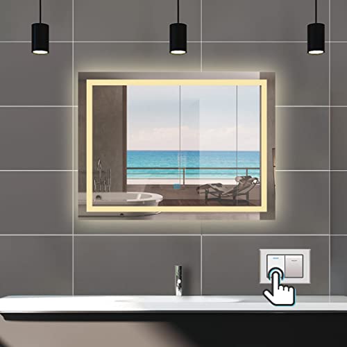 Biubiubath Badspiegel mit Beleuchtung,80x60cm LED Wandspiegel mit Wandschalter/Wandschalter/Touch-Schalter,Beschlagfrei,Badezimmerspiegel mit 3 Lichtfarbe 2700-6500K Dimmbar,IP44 von Biubiubath