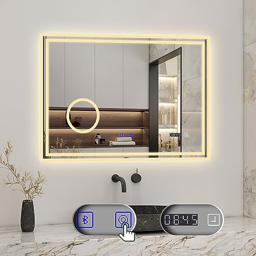 Biubiubath Badspiegel mit Beleuchtung 100x60cm LED Wandspiegel mit Bluetooth, Uhr,Touch und 3X Vergrößernder Kosmetikspiegel,Badezimmerspiegel Beschlagfrei 3 Lichtfarbe 3000-6000K Dimmbar,IP44 von Biubiubath
