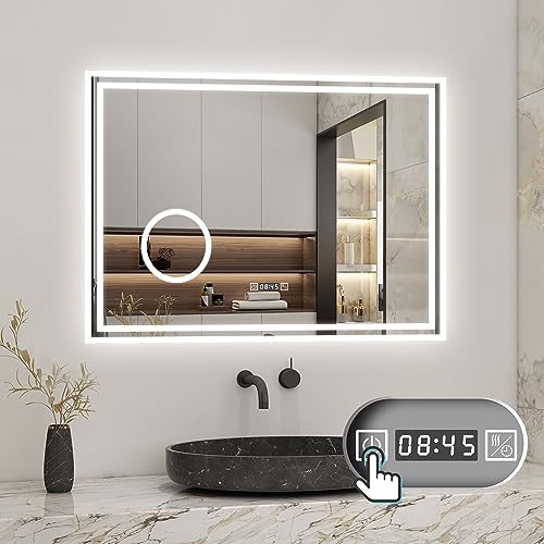 Biubiubath Badspiegel mit Beleuchtung 100x60cm LED Wandspiegel mit Uhr,Touch und 3X Vergrößernder Kosmetikspiegel,Badezimmerspiegel Beschlagfrei 3 Lichtfarbe 3000-6000K Dimmbar,IP44 von Biubiubath