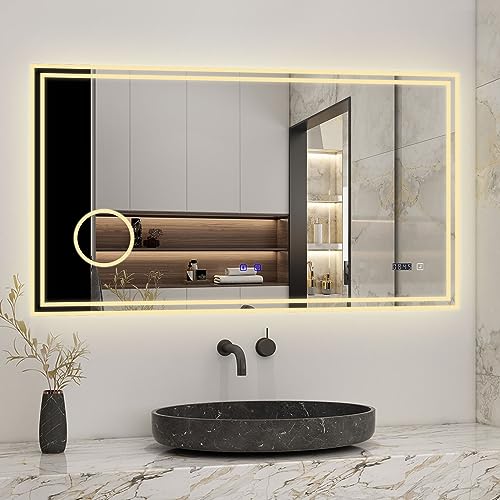 Biubiubath Badspiegel mit Beleuchtung 120x70cm LED Wandspiegel mit Bluetooth, Uhr,Touch und 3X Vergrößernder Kosmetikspiegel,Badezimmerspiegel Beschlagfrei 3 Lichtfarbe 3000-6000K Dimmbar,IP44 von Biubiubath