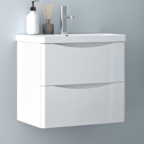 Biubiubath Hochglanz Weiß Badezimmerschrank 60cm Mineralgusswaschbecken mit Unterschrank Badmöbel-Set 2 Soft-Close Schubladen Hängend von Biubiubath