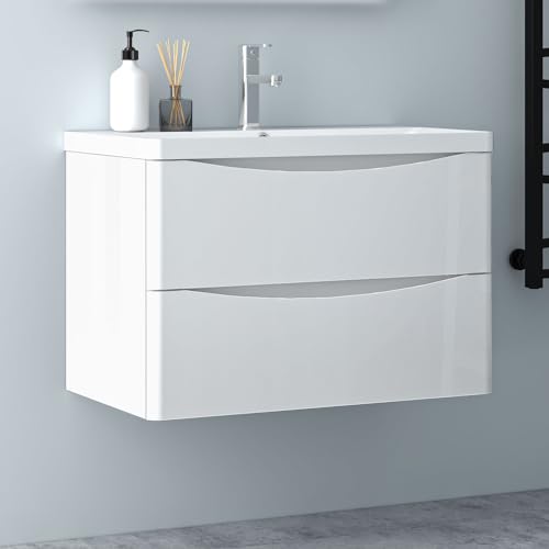 Biubiubath Hochglanz Weiß Badezimmerschrank 80cm Mineralgusswaschbecken mit Unterschrank Badmöbel-Set 2 Soft-Close Schubladen Hängend von Biubiubath