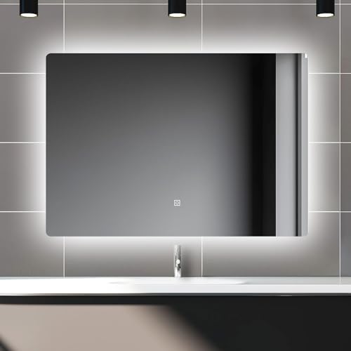 Biubiubath LED Badspiegel 100x80cm Wand/Touchschalter Kaltweiß Dimmbar Badspiegel mit Beleuchtung Badezimmerspiegel Lichtspiegel IP44 von Biubiubath