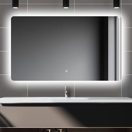 Biubiubath LED Badspiegel 120x80cm Wand/Touchschalter Kaltweiß Dimmbar Badspiegel mit Beleuchtung Badezimmerspiegel Lichtspiegel IP44 von Biubiubath