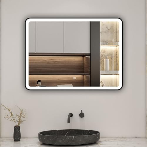 Biubiubath LED Badspiegel 90 * 70cm Touch/Wandschalter Beschlagfrei 3 Lichtfarbe 3000K-6000K+Dimmbar Badezimmerspiegel mit Schwarz Rahmen Wandspiegel IP44 von Biubiubath