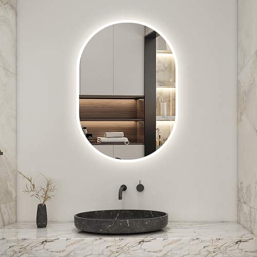 Biubiubath LED Badspiegel Oval 45x75cm mit Touch/Wandschalter Anti-Beschlag 3 Lichfarbe Dimmbar Badezimmerspiegel Rundbahn Wandspiegel Kalt/Neutral/Warmweiß IP44 von Biubiubath