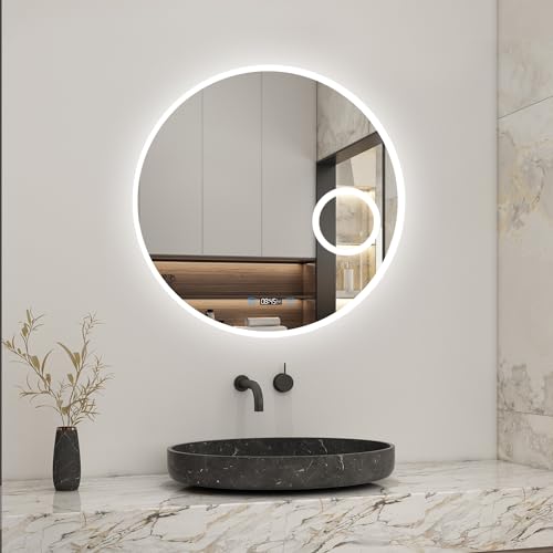 Biubiubath LED Badspiegel Rund 60cm mit Touch/Wandschalter Beschlagfrei Kalt/Neutral/Warmweiß Dimmbar Badezimmerspiegel mit Uhr und 3-Fach Kosmetikspiegel IP44 von Biubiubath