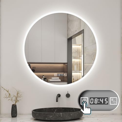 Biubiubath LED Badspiegel Rund 70cm,Badezimmerspiegel mit Touchschalter Beschlagfrei,Uhr 3 Lichfarbe Dimmbar, Runder Spiegel mit LED Beleuchtung IP44 von Biubiubath