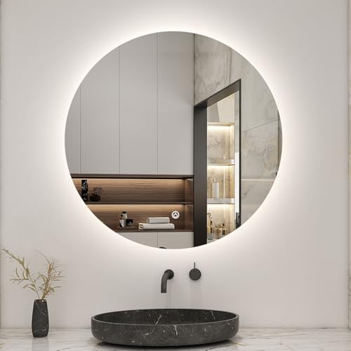 Biubiubath LED Badspiegel Rund 90cm Wand/Touchschalter Beschlagfrei Kaltweiß Dimmbar Badspiegel mit Beleuchtung Badezimmerspiegel Lichtspiegel IP44 von Biubiubath