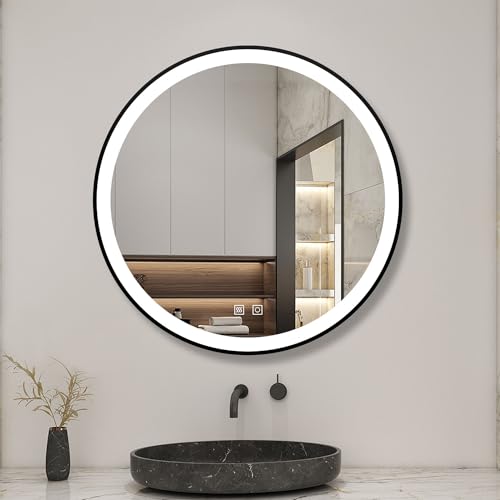 Biubiubath Rund LED Badspiegel 80cm Touch/Wandschalter Beschlagfrei 3 Lichtfarbe+Dimmbar Badezimmerspiegel mit Schwarz Rahmen Wandspiegel IP44 von Biubiubath