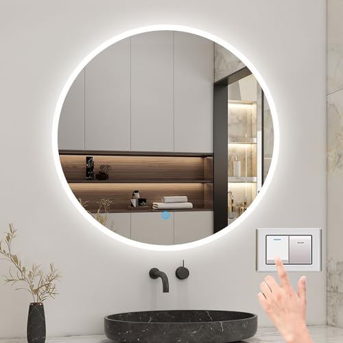 Biubiubath Rund LED Spiegel 70cm, Wandspiegel mit Touch/Wandschalter Beschlagfrei 3 Lichfarbe Dimmbar Runder Spiegel mit LED Beleuchtung IP44 von Biubiubath