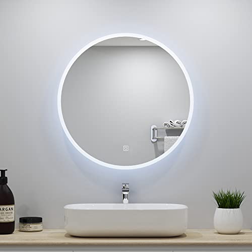 Biubiubath Runder Badezimmerspiegel mit LED-Lichtern 600mm LED Badspiegel mit Demister Touch Sensor 6000K Kaltweiß Beleuchtung Wandmontage Beleuchteter Schminkspiegel von Biubiubath