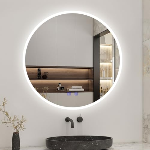 Biubiubath Runder LED Badspiegel 80cm,Badezimmerspiegel mit Touchschalter Anti-Beschlag,Bluetooth 3 Lichfarbe Dimmbar, RundSpiegel mit LED Beleuchtung IP44 von Biubiubath