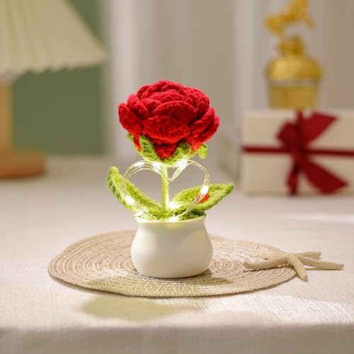 Bixufcai Geschenke für Frauen Gestrickte Blumen Mit LED Lichter Handgemachter Topfpflanze Exquisite Gestrickte Blumen für Romantisch Dekoration Geschenk zum Muttertag Valentinstag Jubiläum von Bixufcai