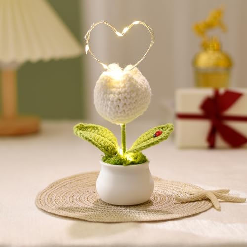 Bixufcai Geschenke für Frauen Gestrickte Blumen Mit LED Lichter Handgemachter Topfpflanze Exquisite Gestrickte Blumen für Romantisch Dekoration Geschenk zum Muttertag Valentinstag Jubiläum von Bixufcai