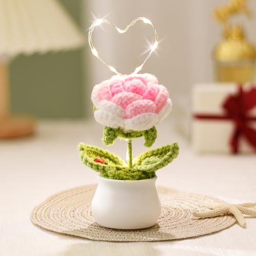 Bixufcai Geschenke für Frauen Gestrickte Blumen Mit LED Lichter Handgemachter Topfpflanze Exquisite Gestrickte Blumen für Romantisch Dekoration Geschenk zum Muttertag Valentinstag Jubiläum von Bixufcai