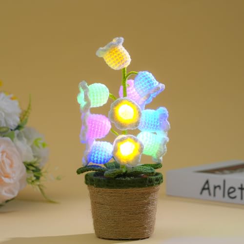 Geschenke für Frauen Gestrickte Glockenorchidee Blumen Mit LED Lichter Handgemachter Topfpflanze Exquisite Gestrickte Blumen für Romantisch Dekoration Geschenk zum Muttertag Valentinstag Jubiläum von Bixufcai