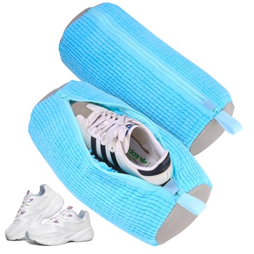 Bixury Schuhwaschbeutel Waschmaschine Schuhbeutel Waschmaschine, 2 Stück Multi Wäschesack Schuhe mit 360° Reinigungsflaum, Selbstreinigende Schuhe Waschbeutel für Waschmaschine und Trockner (Blau) von Bixury