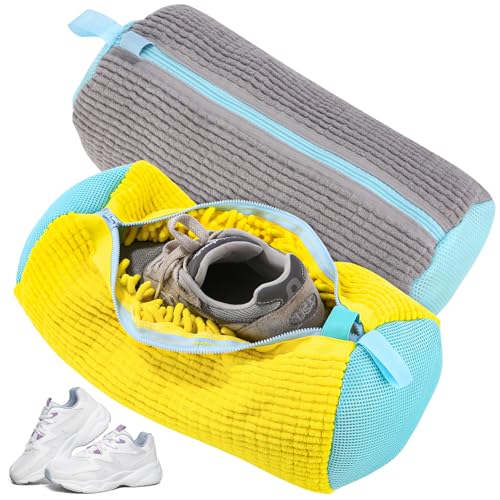 Bixury Schuhwaschbeutel Waschmaschine Schuhbeutel Waschmaschine, 2 Stück Multi Wäschesack Schuhe mit 360° Reinigungsflaum, Selbstreinigende Schuhe Waschbeutel für Waschmaschine und Trockner (Graugelb) von Bixury
