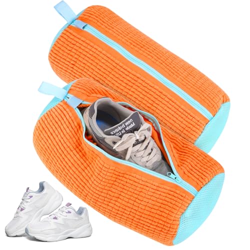 Bixury Schuhwaschbeutel Waschmaschine Schuhbeutel Waschmaschine, 2 Stück Multi Wäschesack Schuhe mit 360° Reinigungsflaum, Selbstreinigende Schuhe Waschbeutel für Waschmaschine und Trockner (Orange) von Bixury