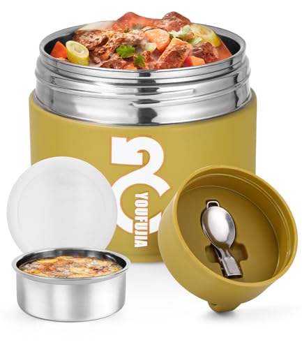 Bixury Thermobehälter für Essen, 1300ml Edelstahl Thermobehälter für Essen Kinder, Thermoschüssel mit Deckel, Warmhaltebehälter aus Edelstahl mit Löffel, Lunchbox für Suppe, Eintopf (Gelb) von Bixury