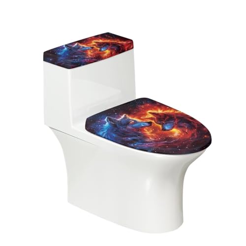 Biyejit Fire Wolf Toilettendeckel Staubschutz Set Waschbar WC Tank Protector Elastisch Fleckenabweisend Badezimmer WC Kissen Universal Home Hotel Dekoration von Biyejit