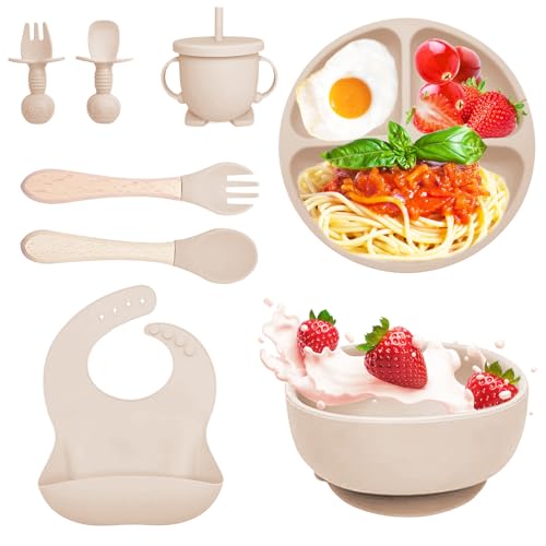 Bizcasa 8 Stück Silikon Baby Geschirrset, Rutschfest Kindergeschirr Set, Kindergeschirr mit Saugnapf, Rutschfest Baby Schüssel,Baby-Teller, Baby-Besteckset für Kleinkinder, BPA Frei (Beige) von Bizcasa