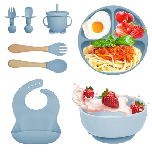 Bizcasa 8 Stück Silikon Baby Geschirrset, Rutschfest Kindergeschirr Set, Kindergeschirr mit Saugnapf, Rutschfest Baby Schüssel,Baby-Teller, Baby-Besteckset für Kleinkinder, BPA Frei (Blau) von Bizcasa