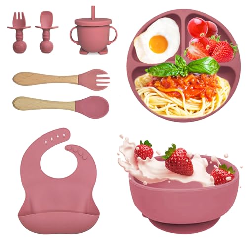 Bizcasa 8 Stück Silikon Baby Geschirrset, Rutschfest Kindergeschirr Set, Kindergeschirr mit Saugnapf, Rutschfest Baby Schüssel,Baby-Teller, Baby-Besteckset für Kleinkinder, BPA Frei (Dunkelrosa) von Bizcasa