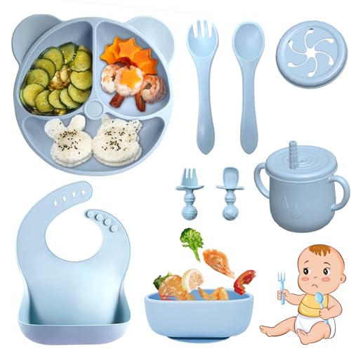 Bizcasa 9 Stück Silikon Baby Geschirrset, Rutschfest Kindergeschirr Set, Kindergeschirr mit Saugnapf, Rutschfest Baby Schüssel,Baby-Teller, Baby-Besteckset für Kleinkinder, BPA Frei (Blau) von Bizcasa