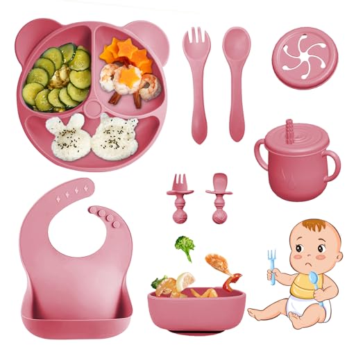 Bizcasa 9 Stück Silikon Baby Geschirrset, Rutschfest Kindergeschirr Set, Kindergeschirr mit Saugnapf, Rutschfest Baby Schüssel,Baby-Teller, Baby-Besteckset für Kleinkinder, BPA Frei (Dunkelrosa) von Bizcasa