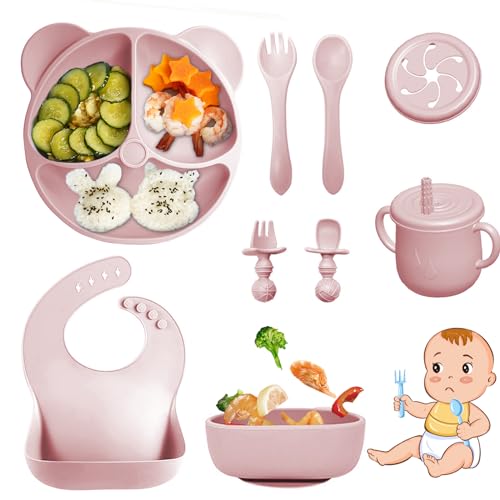 Bizcasa 9 Stück Silikon Baby Geschirrset, Rutschfest Kindergeschirr Set, Kindergeschirr mit Saugnapf, Rutschfest Baby Schüssel,Baby-Teller, Baby-Besteckset für Kleinkinder, BPA Frei (Hellrosa) von Bizcasa