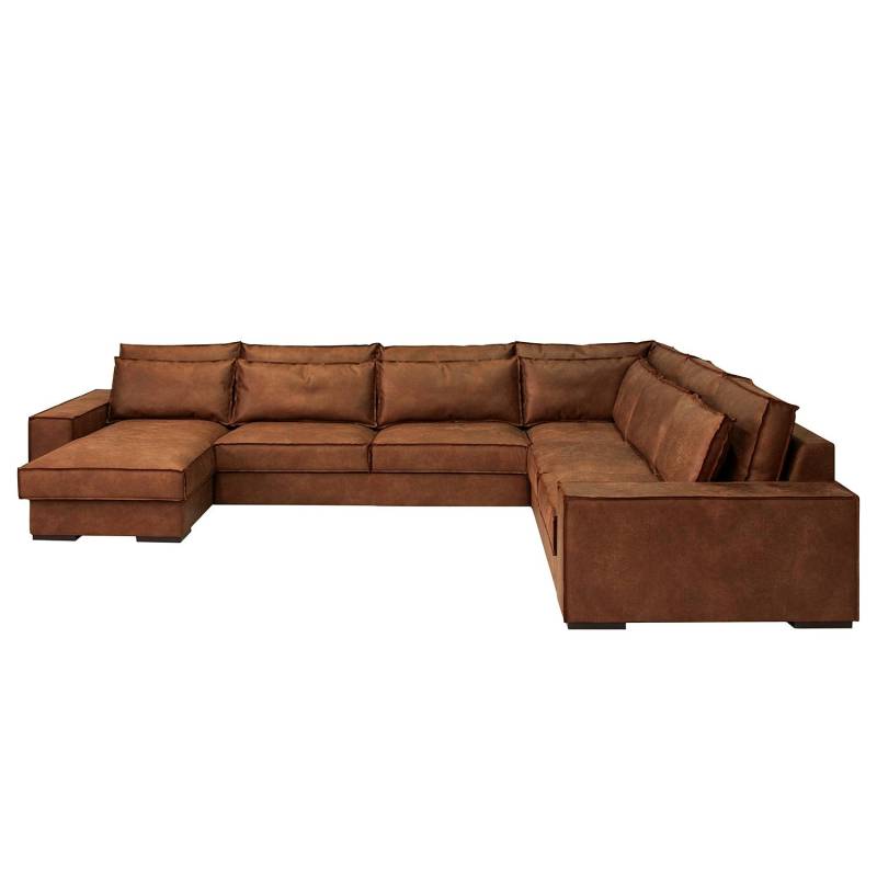home24 Wohnlandschaft Gurabo Braun Microfaser Yaka 382 x 86 x 287cm Longchair davorstehend links / Ottomane rechts Modern von home24
