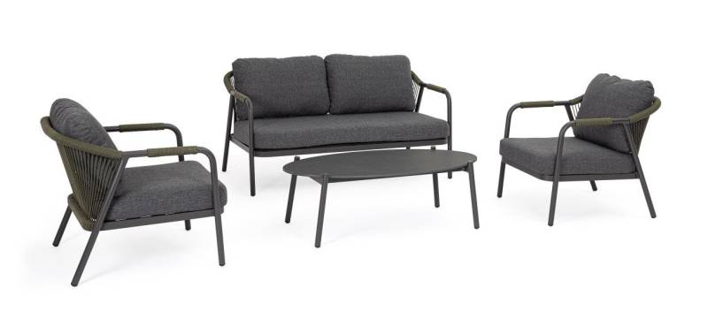 Bizzotto Gartenlounge-Set Miravet 4er Gruppe, Anthrazit / Grün, 2x Sessel, 1x Sofa, 1x Couchtisch von Bizzotto