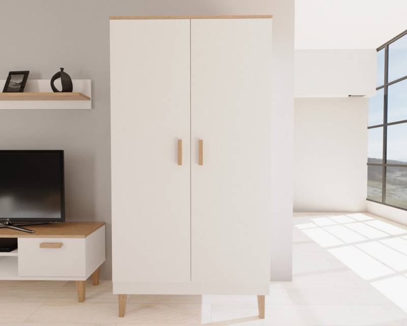 Bjird Drehtürenschrank Kleiderschrank 100x184x55 cm – Schrank 2-türig modern mit Holzoptik 3 Einlegeböden verstellbar, 1 Kleiderstange, Soft-Close Türen von Bjird