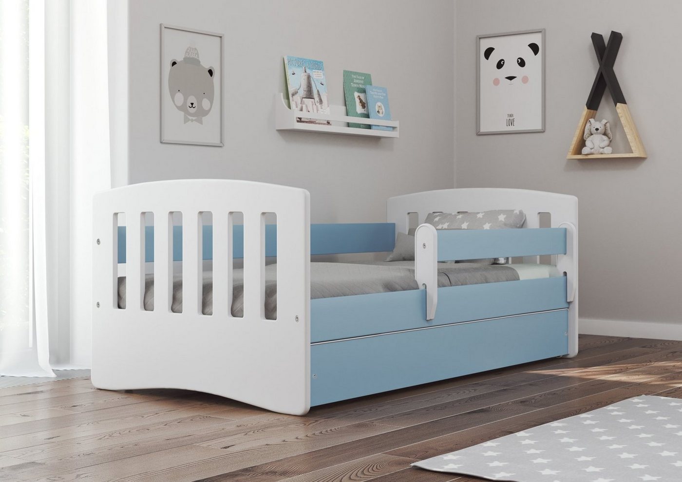 Bjird Kinderbett Classic 80x140cm 80x160cm 80x180cm (mit Rausfallschutz Schublade und Lattenrost), verschieden Farben für Mädchen und Jungen von Bjird