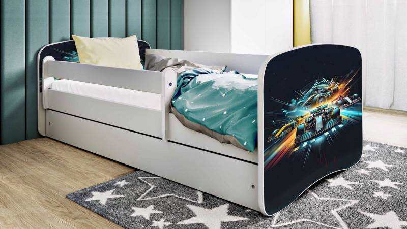 Bjird Kinderbett Jugenbett Weiß 140x70 160x80 180x80 (Einzelbett optional mit Matratze), inklusive Schublade und verstellbaren Rausfallschutz von Bjird