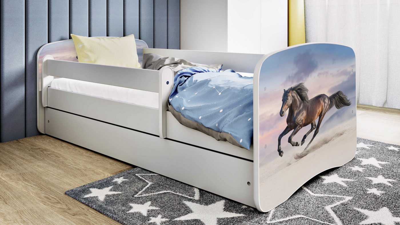 Bjird Kinderbett Jugenbett Weiß 140x70 160x80 180x80 (Einzelbett optional mit Matratze), inklusive Schublade und verstellbaren Rausfallschutz von Bjird
