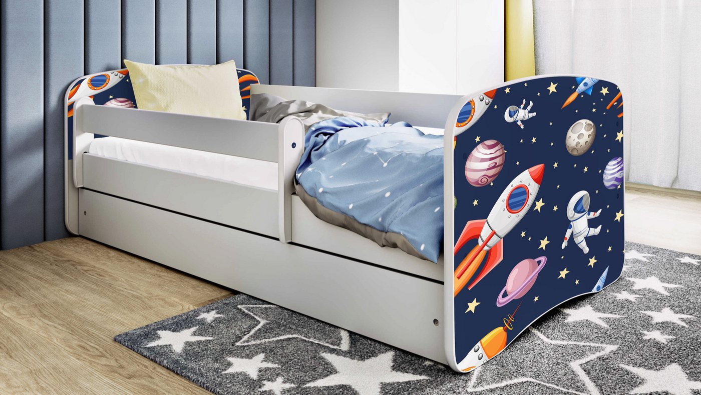 Bjird Kinderbett Jugenbett Weiß 140x70 160x80 180x80 (Einzelbett optional mit Matratze), inklusive Schublade und verstellbaren Rausfallschutz von Bjird