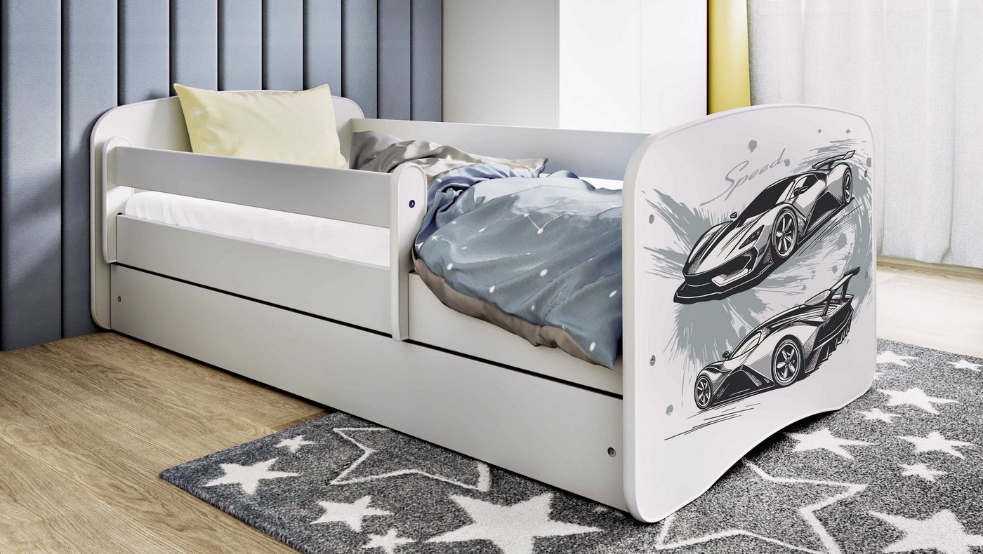 Bjird Kinderbett Jugenbett Weiß 140x70 160x80 180x80 (Einzelbett optional mit Matratze), inklusive Schublade und verstellbaren Rausfallschutz von Bjird