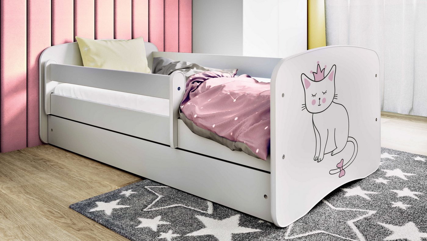 Bjird Kinderbett Jugenbett Weiß 140x70 160x80 180x80 (Einzelbett optional mit Matratze), inklusive Schublade und verstellbaren Rausfallschutz von Bjird